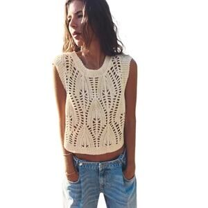 Zara Women's Beige Crochet Pattern Haut Vest Top Size Medium